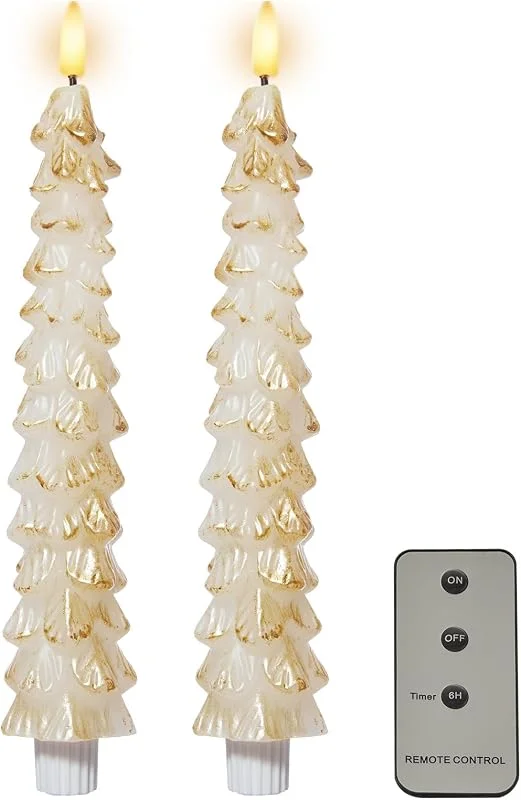 DN DECONATION Velas LED para árbol de Navidad, funcionan con pilas, control remoto, velas cónicas sin llama en forma de árbol de Navidad blancas y doradas, varillas altas para decoración de mesa de — Luces Navidad
