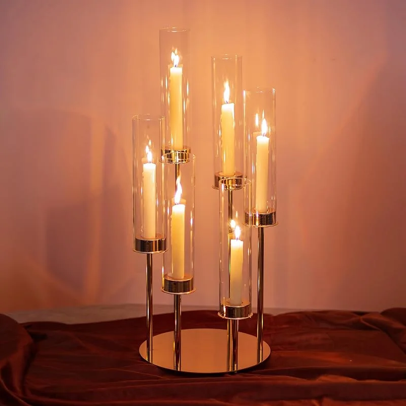 Visita la tienda de Nuptio NUPTIO Oro Candelabro Titulares Huracán - 60cm Claro Cilindro Vidrio de 6 Brazos Candelabro de Metal Vela Palo de La Chimenea Cubierta Al Aire Libre La Boda Centros de Mesa Mesas Decoración Navidad — Decoracion Navidad
