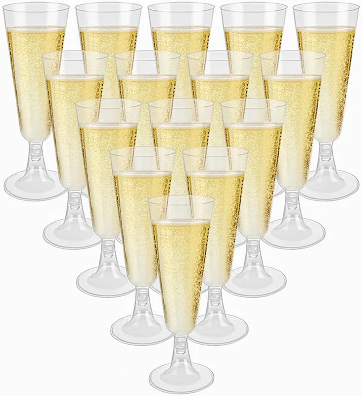 Hevysuo 50 Pcs Copas de Champán de Plástico 150ml, Flautas Champagne Transparentes para Bodas Fiestas, Cumpleaños, Postres — Vino y mesa festiva