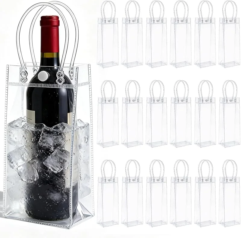 VETOLAKA 18 bolsas de hielo de PVC enfriador de botellas: enfriador de botellas de hielo 10 x 25 x 10 cm, enfriador de champán transparente, bolsa de hielo a prueba de fugas con asa para cerveza fría — Vino y mesa festiva
