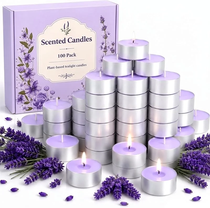 AOTOIE 100 velas de té con aroma a lavanda, 4 horas de combustión, funda de aluminio — Cena a la luz de velas