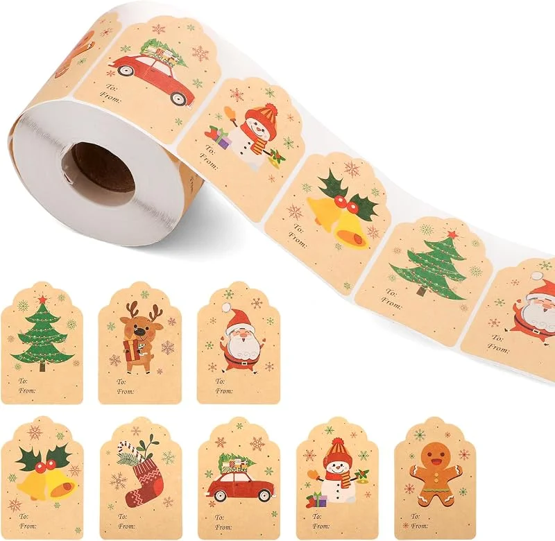 Gosknor 500 Uds Etiquetas Adhesivas Navideñas, Etiquetas Adhesivas de Papel para Navidad en 8 Patrones Muñeco de Nieve Árboles de Navidad Renos Etiquetas Navideñas Vintage para Regalos — Envoltorio regalo