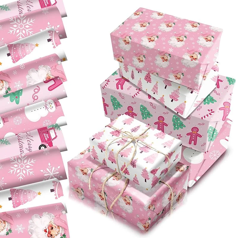 COSORO Papel de regalo estampado con navidad rosa, 12 hojas, tamaño 68 x 50 cm, papel decorativo ideal para fiestas navideñas infantiles para niñas y regalos rosas — Envoltorio regalo