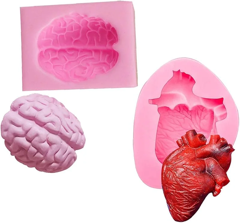 WDC WonDerfulC - 2 moldes de silicona con forma de corazón y cerebro humanos en 3D para hacer tu propio chocolate, pudín de chocolate, aromaterapia, Halloween, sorpresas, órganos — Hogar y cocina