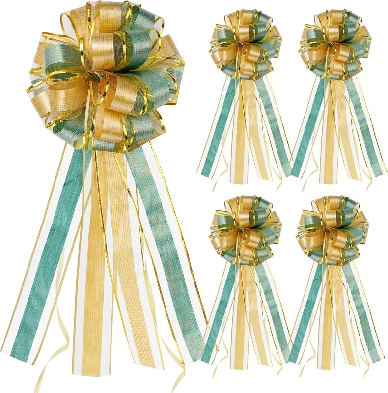 drado 5 Cintas de Regalo con Lazo Grandes, Lazos Automáticos de Regalo, Diámetro 20 cm Boda, Fiesta, Floristería y DIY(Verde y Oro) — Envoltorio regalo