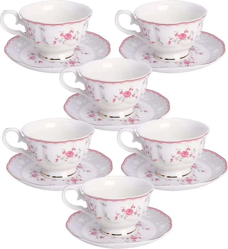 Visita la tienda de fanquare fanquare Juego de 6 Tazas y Platillo de Té de Rosas Rosadas, Juego de Tazas de la Tarde Inglesa Vintage, Taza de Café de Porcelana con Borde Dorado, 150 ml — Adviento y mesa
