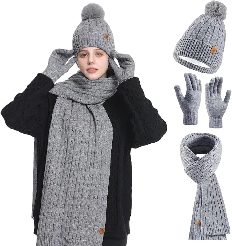 HOSPAOP Conjunto de Invierno Mujer 3 en 1 – Gorro con Pompon, Bufanda Larga y Guantes Táctiles Pantalla, Set de Accesorios Cálidos para Exterior y Uso Diario — Ropa Navidad