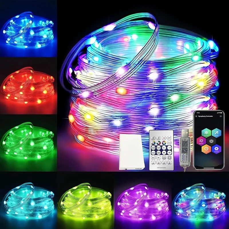 Microwear Guirnalda de luces RGB de 100 LED, cambio de color, manguera de luz USB, temporizador, más de 200 modos, música sincronizada, control remoto y de aplicaciones, para Navidad, dormitorio, fiesta — Luces Navidad