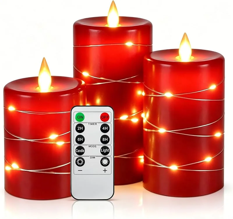 Visita la tienda de Da by Da by 3 Velas LED Rojas con Luces Hada Envolventes, Efecto Llama Parpadeante Realista, 1 Mando, Cera Natural, Tamaños Surtidos, Reutilizables y Ecológicas para Decoración Hogar y Eventos — Cena a la luz de velas