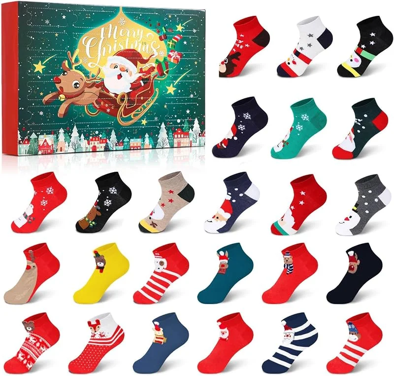 Dihope 12, 24 pares de calcetines de Navidad unisex divertidos con diseño navideño de algodón, calendario de Adviento, calcetines festivos, multicolor, calcetines cálidos de invierno, set de regalos de — Decoracion Navidad
