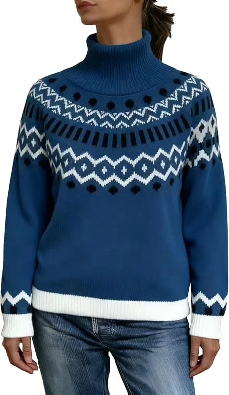 Generic HUIFUAO Fairisle - Jersey de cuello alto para mujer, talla grande, cuello alto, nórdico, islandés, noruego, suéteres vintage de Navidad, suéter de invierno, cálido, grueso, suave, de manga larga — Ropa Navidad