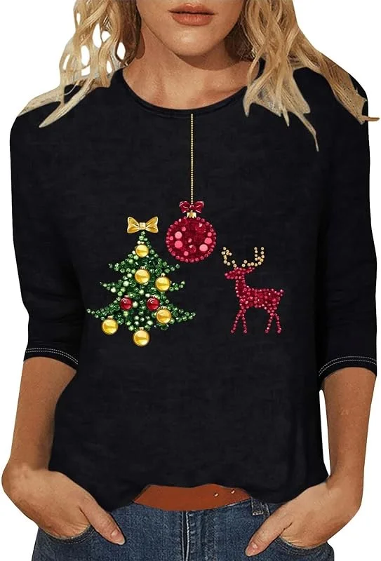 tacniseyw Sudadera de Navidad para mujer, suéter de árbol de Navidad, manga 3, 4, camisetas estampadas con árbol de Navidad, camisetas lindas y divertidas con estampado gráfico de talla grande, tops de — Ropa Navidad