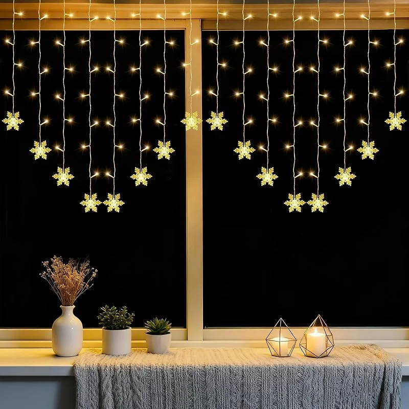 A.bigwhale Luces de Hadas de Copo de Nieve, Cortina Luces 2x1m 104 LED, Guirnalda Cadena Luce Navidad Interior para Boda Fiesta Dormitorio Fondo Pared Cumpleaños — Decoracion Navidad
