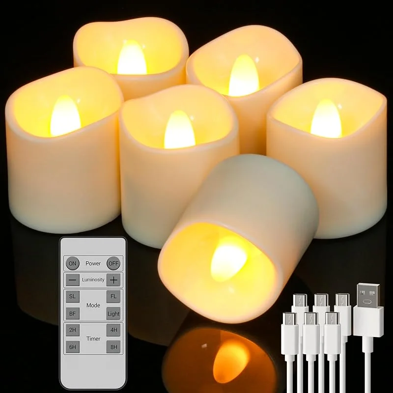 Visita la tienda de PChero PChero - Velas recargables sin llama con control remoto, juego de 6 velas LED parpadeantes con cable USB, temporizador de apagado automático, velas de té con batería — Cena a la luz de velas