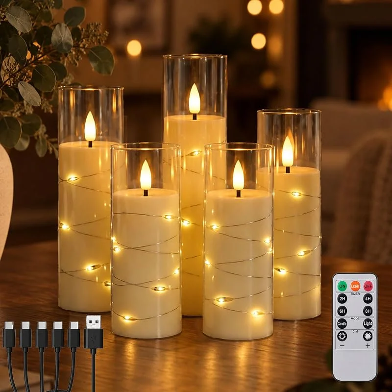 Bancyer Set de 5 Velas LED Recargables con Luces, Mando a Distancia y Temporizador — Cena a la luz de velas