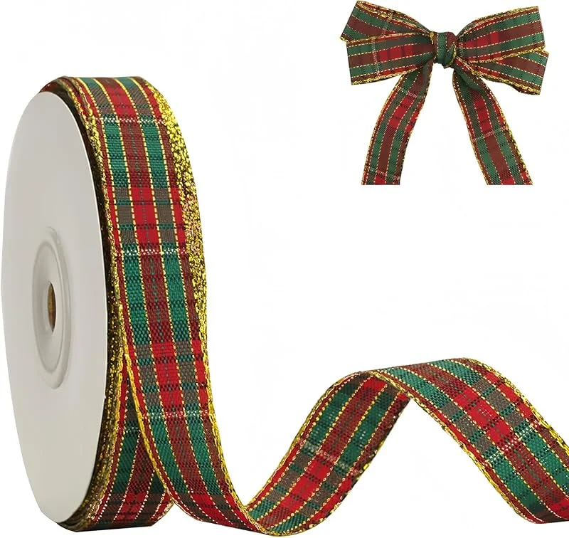 Milaloko Cinta de cuadros de Navidad, 15 mm x 22, 86 m, cinta de tartán rojo, verde y dorado para envolver regalos, manualidades, coronas y lazos — Envoltorio regalo