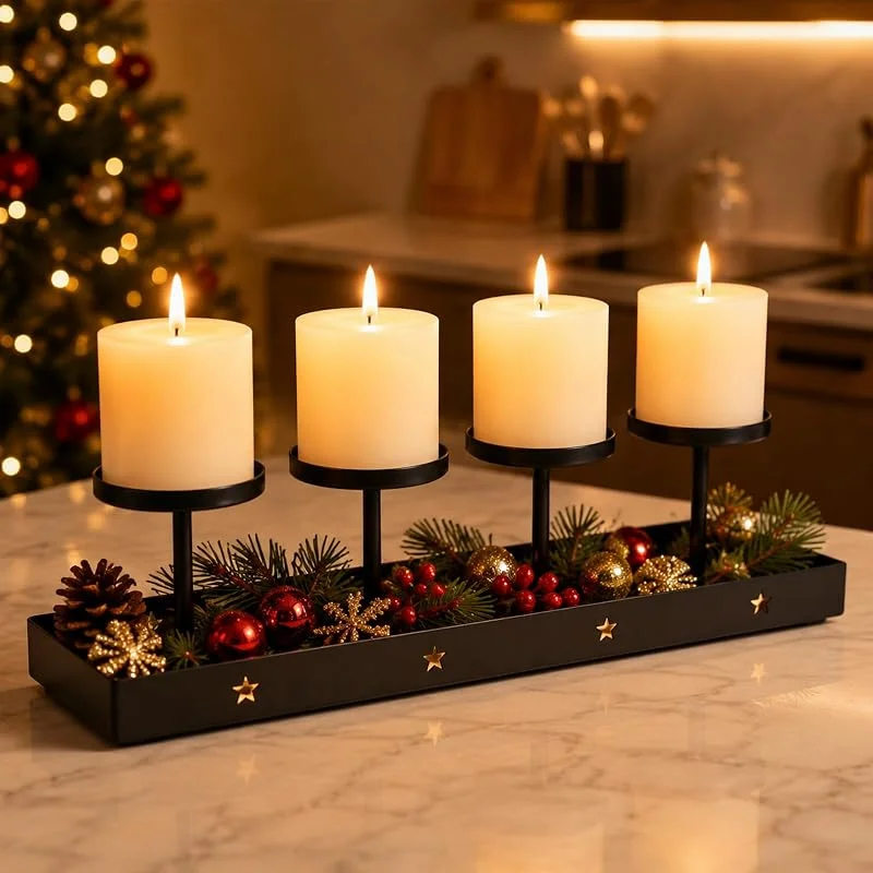 INQUIRLLY Corona de Adviento de metal negro, barra para 4 velas de pilar — Adviento y mesa