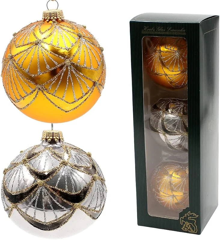 Dekohelden24 Lauschaer - Juego de 3 Bolas de Cristal en Color Dorado y Antracita, sopladas artesanalmente y Decoradas a Mano, con Coronas Doradas, diámetro Aprox. 8 cm — Decoracion Navidad