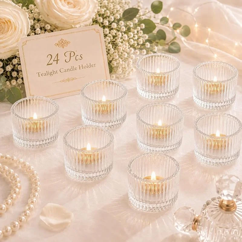 Tapvai 24 portavelas de cristal, 5, 5 x 3, 5 cm, centro de mesa de boda — Cena a la luz de velas