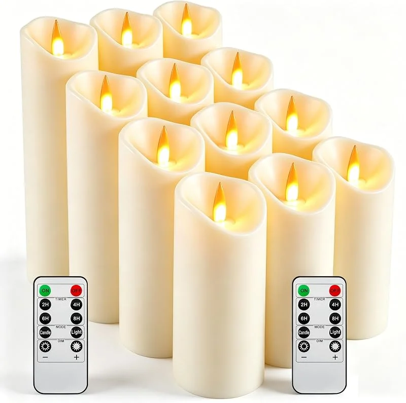 Visita la tienda de Da by Da by 12 velas LED marfil con llama parpadeante realista, plástico resistente al calor, 2 mandos incluidos, tamaños surtidos, reutilizables, ecológicas para decoración interior y exterior — Luces Navidad