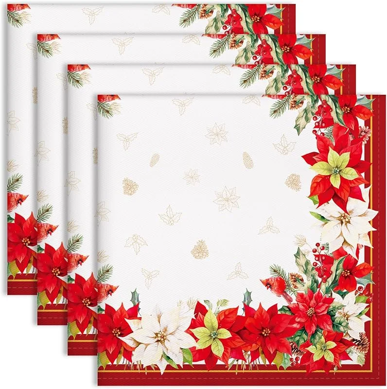Visita la tienda de Arquiel Servilletas de Navidad Tela de Cocina, Servilletas de 4 de Tela 100% Algodón Flor de la Navidad Suaves Cómodas Lavables Reutilizables Servilletas de Mesa para Cenas Familiares, Festival — Hogar y cocina