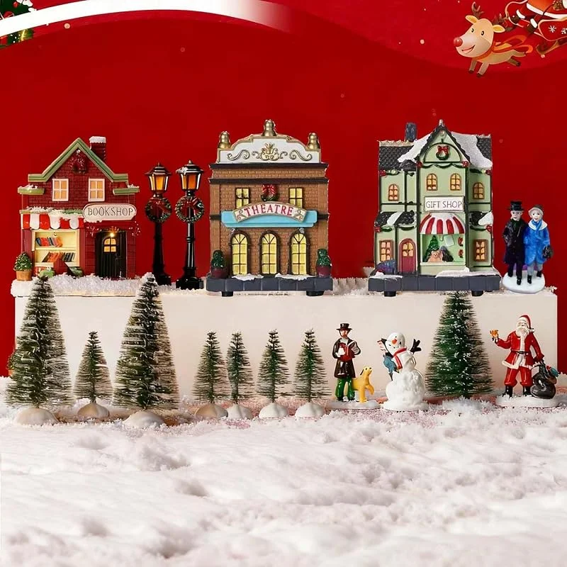 Credibility Store Juego de 17 figuras de decoración de pueblo de Navidad con luces LED, casas de pueblo de Navidad con figuras, rollo de manta de nieve para escritorio de escena de ciudad de Navidad, decoración de — Decoracion Navidad