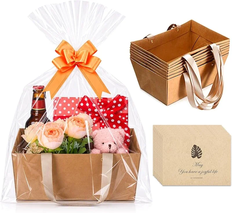 Aohyue 10 Cestas de Regalo, Cesta Vacía de Papel Kraft con Bolsas de Celofán — Envoltorio regalo