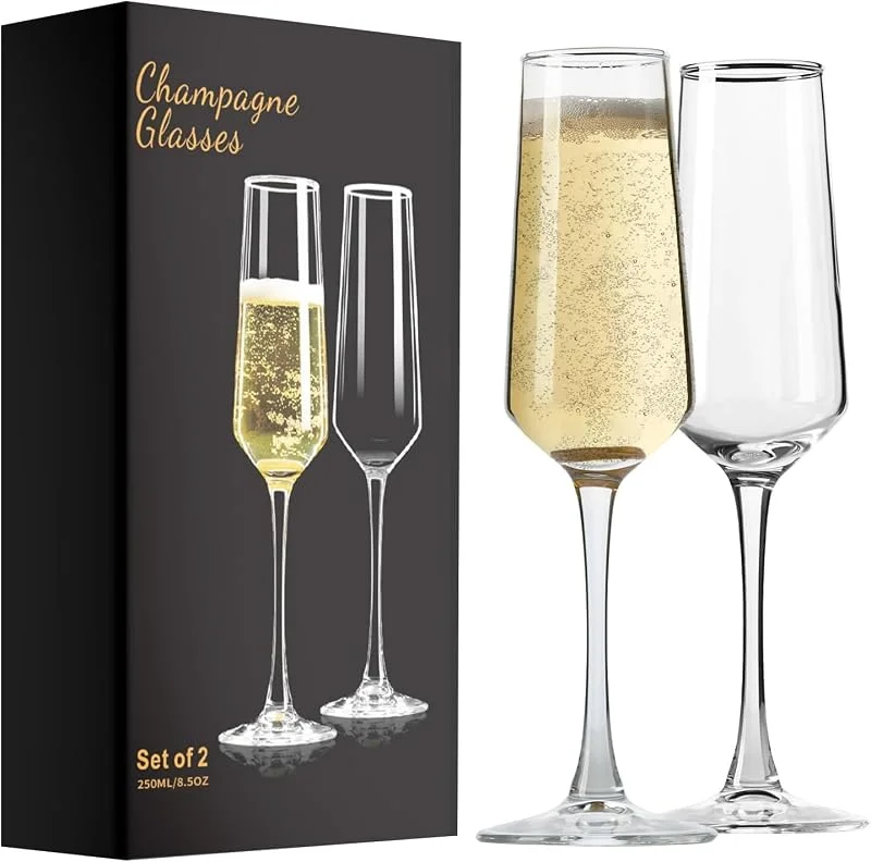ParaCity Juego de 2 copas de champán, elegantes copas de champán de 250 ml, copas de cóctel, regalo para cumpleaños, bodas, Navidad, Nochevieja transparente para hombre y mujer (forma de flauta) — Vino y mesa festiva