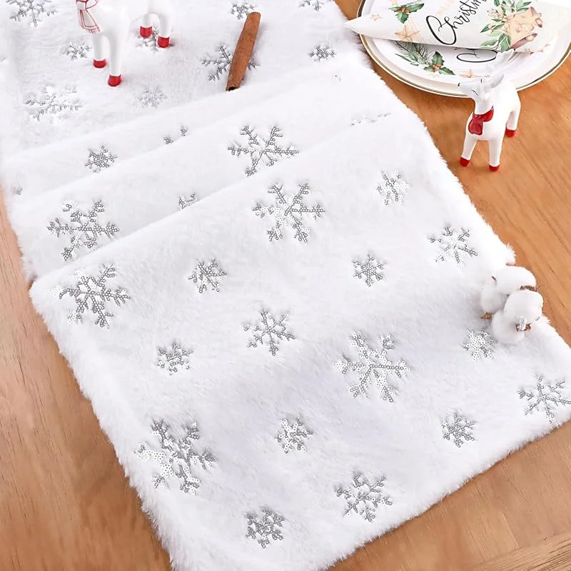 BrillShine Camino de mesa de Navidad, color blanco, copo de nieve, piel sintética, decoración navideña (35 x 225 cm) — Hogar y cocina
