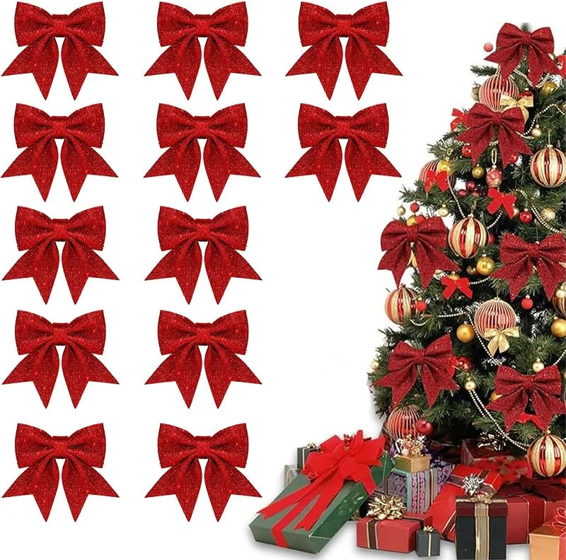 FiveMileBro Lazos de Navidad, Lazos Navidad con Purpurina, Lazos para Arbol de Navidad, para Decorar Familiares Fiestas, Fiestas Navideñas, Bodas (12 Piezas) — Envoltorio regalo
