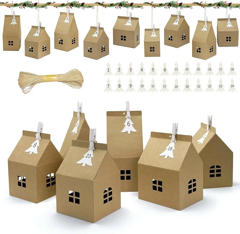 Bseical Calendario de Adviento DIY 2025, Cajas Calendario Adviento Vacio, Advent Calendar 24 Casitas de Cartón con Pegatinas y 10 m de Cuerda — Adviento y mesa
