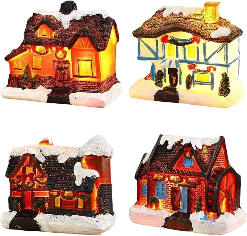 Peosaard 4 Uds. Conjuntos de Pueblos navideños Casas de Pueblo Navideños de Resina con iluminación LED con Nieve Funciona con Pilas para exhibición de Mesa de Escena de Ciudad de Navidad Decoración de Micro P — Decoracion Navidad