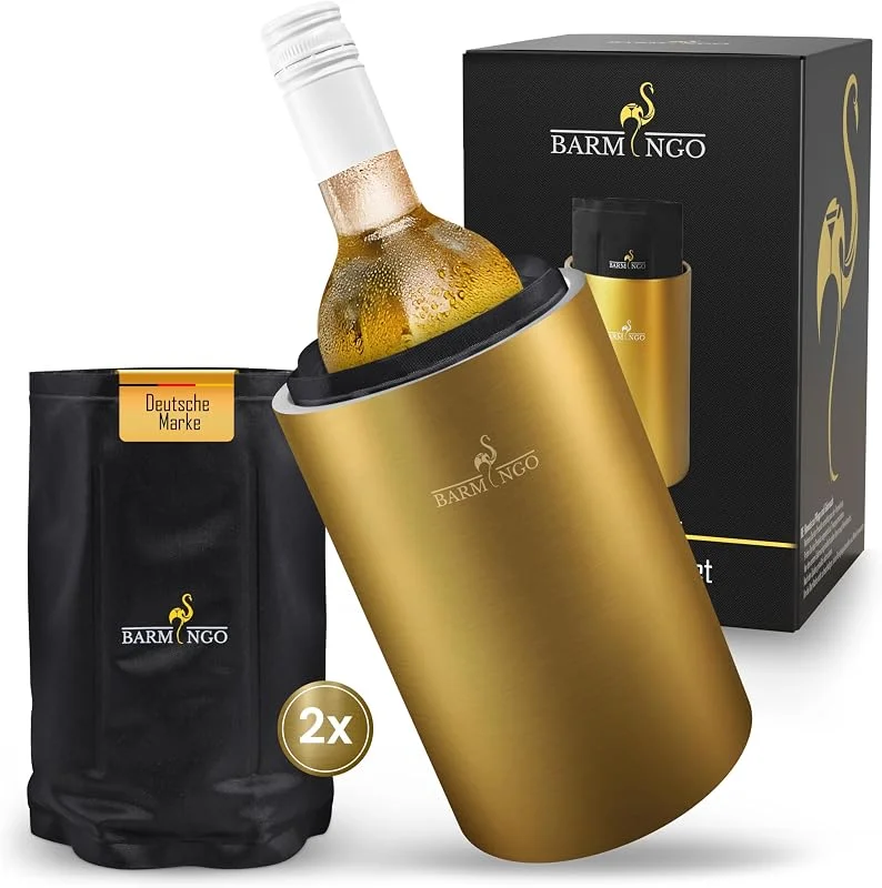BARMINGO Enfriador de vino de acero inoxidable con acumuladores de frío, enfriador de bebidas y enfriador de botellas para vino, champán, doble pared con manguitos de refrigeración, enfriador — Vino y mesa festiva