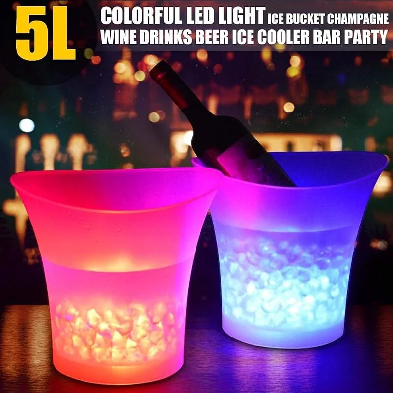PeSandy Cubitera LED, 5L de Gran Capacidad Cubo de Hielo para LED con Colores que Cambian para Fiesta, Hogar, Bar, Impermeable Vino Contenedores para Bebida Vino Cerveza (1 Piezas, Color Degradado) — Vino y mesa festiva