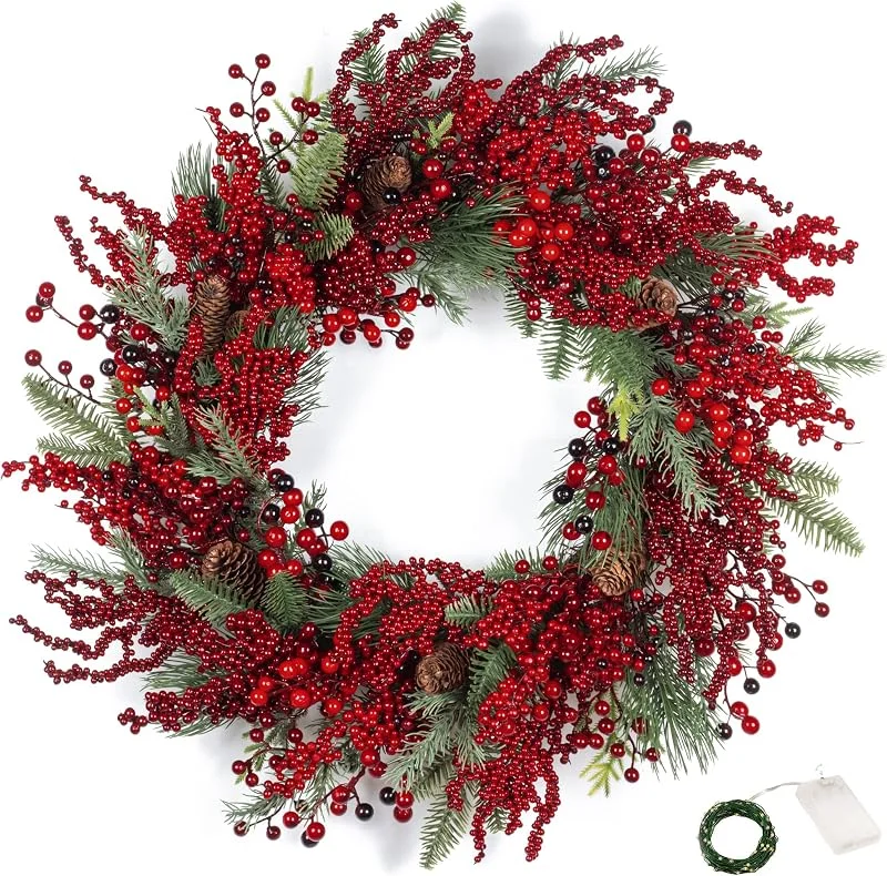 KI Store Corona de bayas para puerta de Navidad, iluminada, grande, 65 cm, color rojo, corona de bayas, corona de Navidad para puerta con iluminación para decoración de Navidad, decoración de acebo — Decoracion Navidad