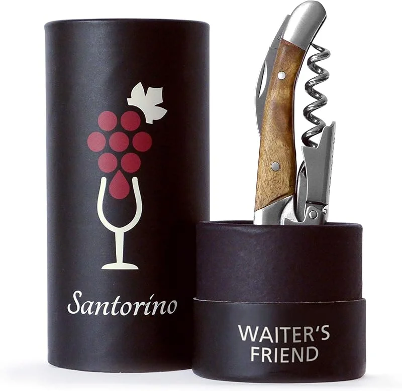 Santorino® Sacacorchos, Cuchillo de Sommelier de Madera Exclusiva Campeche, Destapa Botellas 2 Pasos, Abrebotellas, Cuchillo de camarero — Vino y mesa festiva