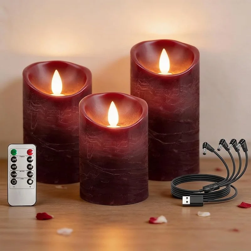 RosMank Juego de 3 velas LED con mando a distancia de 10 botones, sin llama, de cera auténtica, con llama parpadeante, decoración para Navidad, cumpleaños, boda y fiesta, Rojo — Cena a la luz de velas