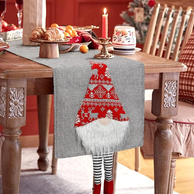 Betylifoy Camino de Mesa de Navidad con Santa Gnomos de Barba Blanca - Ropa de Mesa Rústica de Lino de Algodón Gris para Decoraciones y Fiesta Navideña — Hogar y cocina