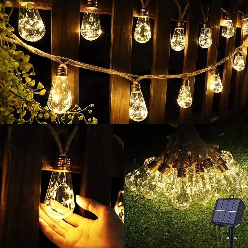 Visita la tienda de Geemoo Geemoo Guirnalda Luces Exterior Solares con 16 Bombillas, 6, 4 m Cadena de Luces Solares Exterior Vintage con Cuerda de Cáñamo, Decoración para Jardines, fFiestas, Balcones, Bodas (Blanco Cálido) — Luces Navidad