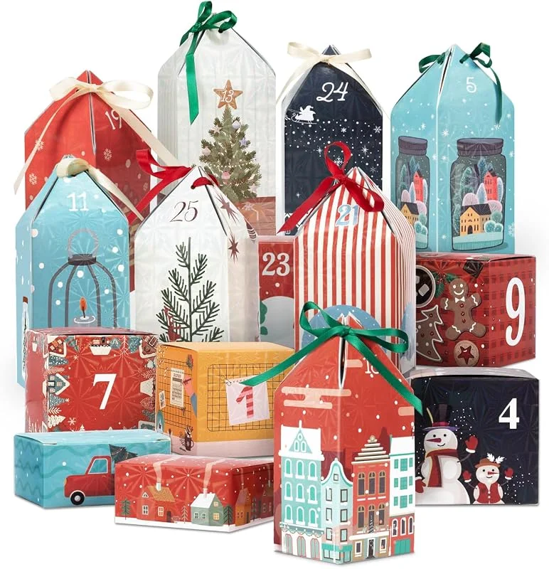 Tibomuo Calendario Adviento Cajas para Rellenar, 25 Numeradas Calendario de Adviento de Navidad, Crea tu Calendario de Adviento 2025 con Cajas de Regalo para Niños, Niñas, Amigos (25 Casitas y Cajas) — Envoltorio regalo