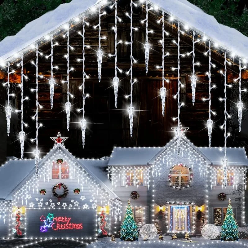 MOJINO Cortina Luces Navidad Exterior, 10M 360 LED 8 Modos Guirnaldas Luminosas de Exterior, Cadena de Luces de Jardín Impermeable para Decoración de Interiores y Exteriores para Navidad, Blanco Frío