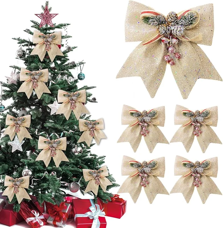 SilverChry Lazos Arbol Navidad - 5 Purpurina Lazos Navidad, Christmas Bow Decoration, Lazos Navideños con Purpurina, Ideal para Cajas de Regalo, Bodas y Decoración de Fiestas — Envoltorio regalo