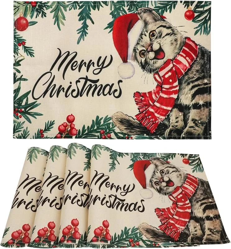 AFXXE Manteles Individuales Navidad, Mantel Individual Navidad Verde, Salvamanteles Navideños Mesa, Mantelitos Individuales de Navideños Lino Usado para Decoración de Mesa (Granja) — Hogar y cocina