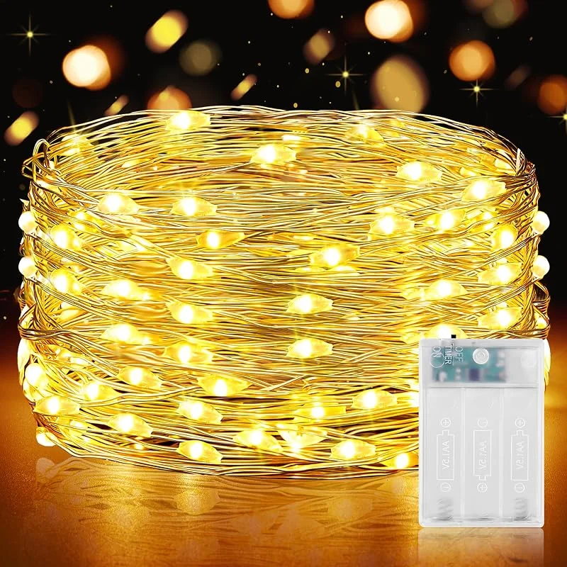 Forepin Guirnalda Luces Pilas, 10M 100LED Luces LED Pilas con Temporizador, Cadena Luces LED de Alambre para Decorar Dormitorios, Navidad Guirnalda Jardín, Fiestas, Halloween, Bodas — Luces Navidad