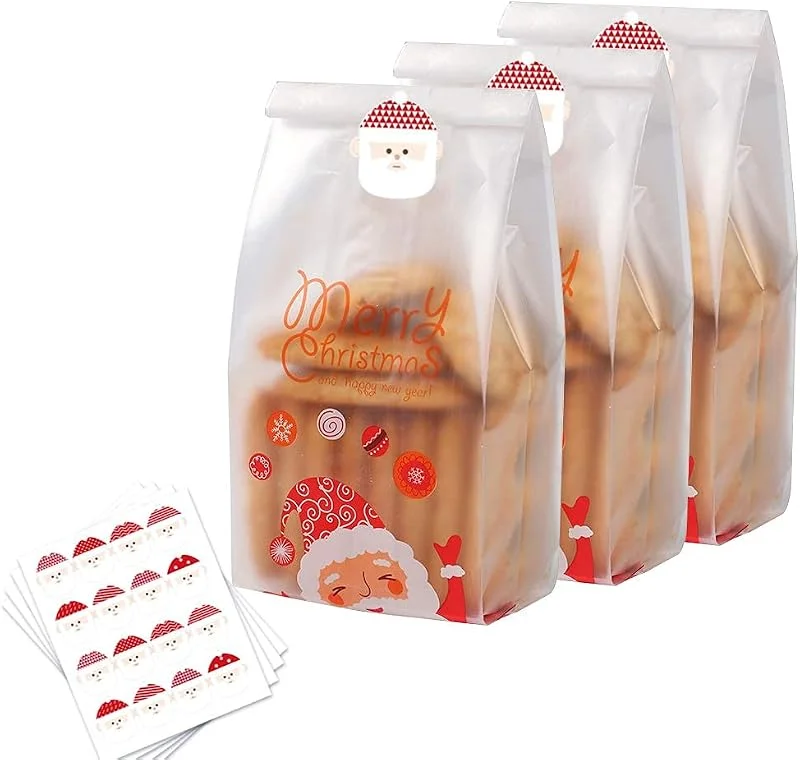 Feelava Bolsas de Galletas Navideñas 50 Piezas Bolsas de Golosinas Translúcidas con Pegatinas Bolsas de Plástico de Santa Claus para pasteles Dulces de chocolate Merienda Panadería Pan Magdalena Donuts — Envoltorio regalo