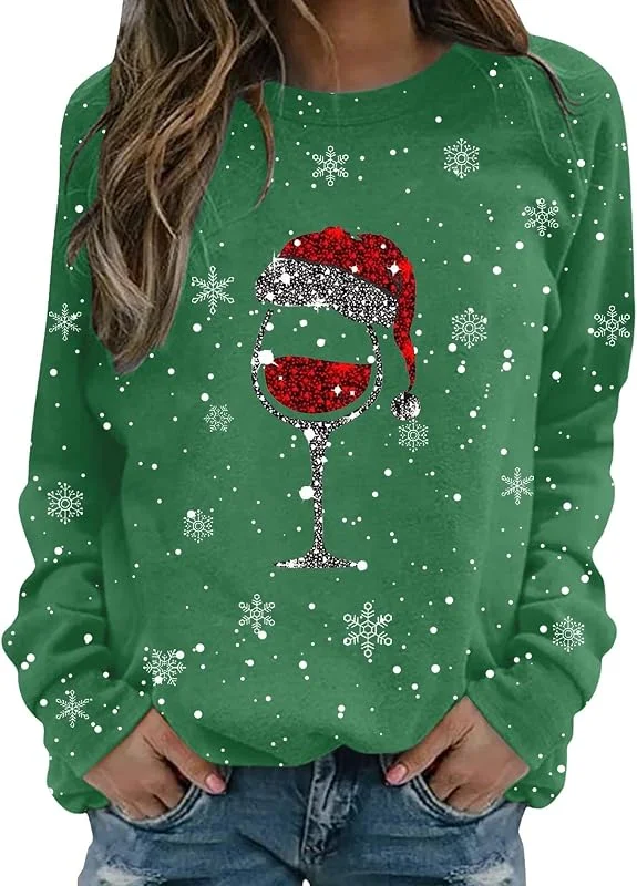 tacniseyw Suéter de Navidad para mujer, divertido estampado de copas de vino, sudadera de manga larga para mujer, suéter de Navidad sin botones, talla grande, camisas feas — Ropa Navidad