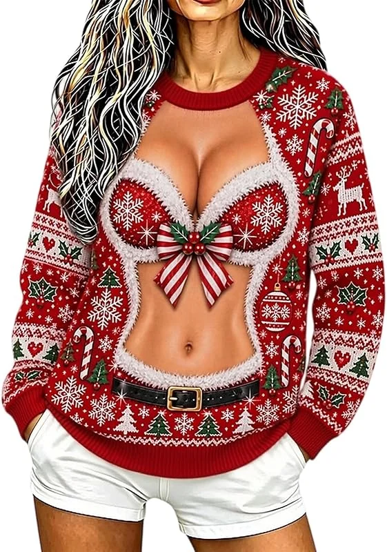 Generic Feo Navidad Sudaderas Mujeres Peludo Pecho Vientre Bikini Impresión Navidad — Ropa Navidad