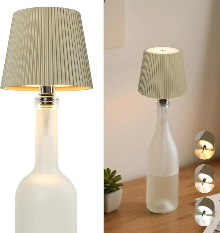 Beaeet Lámpara Botella Inalámbrica LED Sin Cable Color Beige Caqui, Control Táctil 3 Colores Regulable, USB-C Recargable, Decorativa Portátil para Hogar Terraza Camping, Regalo Ideal — Cena a la luz de velas