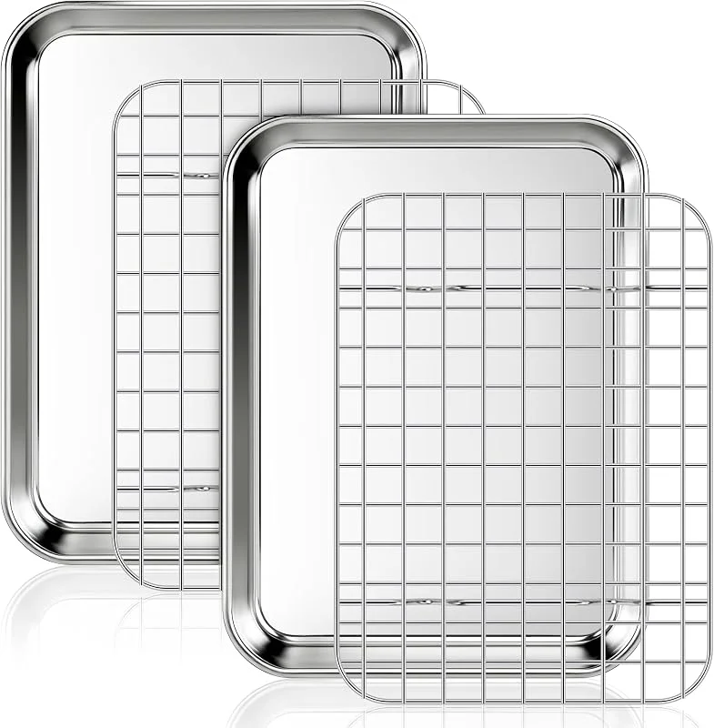 Fire More Bandeja de horno con rejilla de enfriamiento, 2 bandejas de acero inoxidable y 2 rejillas para horno, bandeja rectangular 23, 5 x 17, 5 x 2, 5 cm para hornear y servir — Hogar y cocina