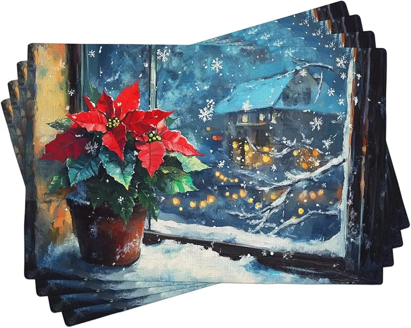 Generic Juego de 4 manteles individuales de Pascua para vacaciones de invierno, manteles individuales florales rojos para comedor de Navidad, lavable, para interiores y exteriores, tela decorativa de Navidad — Hogar y cocina